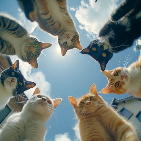 Photo For Group Chat, 5 Cats Together, 4 Cats Together, Cats Being Silly, Five Cats, Four Cats, Group Of Cats, Cat Patio, Cat Calendar