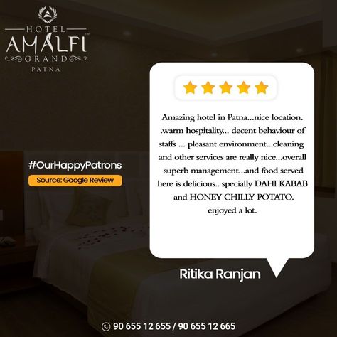 Thank you Ritika Ranjan for choosing Hotel Amalfi Grand for your stay. Your appreciation is our reward and we look forward to always serve you with our top-notch hospitality.  #HotelAmalfiGrand #OueHappyPatron #Review #TripAdvisor #Feedback #Hotel #LuxuryHotel #4starHotel #Best4StarHotel #Patna #Bihar Patna Bihar, Google Reviews, Hotel Design, Marbella, Hotel Reviews, Amalfi, Best Hotels, Luxury Hotel, Trip Advisor