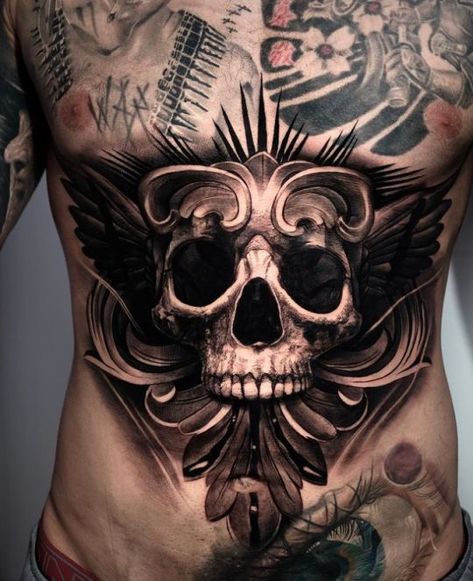 Realism Stomach Tattoo, Skull Stomach Tattoos Men, Stomach Tattoo Cover Up, Skull Belly Tattoo, Skull Stomach Tattoos, Spiderman Chest Tattoo, Full Stomach Tattoos Men, Male Stomach Tattoos, Mens Stomach Tattoos