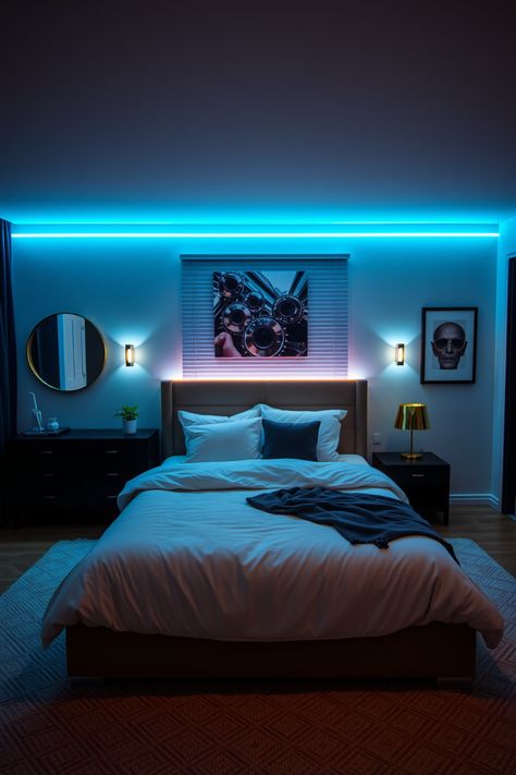 Looking to transform your bedroom with a pop of color? Check out these 15 creative ideas to incorporate LED lights into your space! From dreamy fairy lights to sleek wall fixtures, brighten up your bedroom with unique and stylish lighting options. Explore how these lights can enhance your personal sanctuary, perfect for unwinding or energizing your decor. Ideal for creating a cozy vibe or a lively area, these LED ideas are versatile and trendy for every type of bedroom. Cool Lighting Bedroom, Led Lights Bedroom Boys, Led Lights Around Bed, Boys Bedroom Led Lights, Trendy Room Ideas Led Lights, Govee Led Light Ideas, Room Ideas With Led Lights, Led Lights Bedroom Ideas, Room With Led Lights