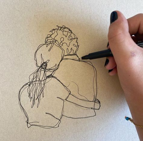 Drawings Representing Love, Drawing Ideas To Give To Your Boyfriend, Couple Hugging Drawing, Couples Drawing, Hug From Behind, Pen Work, Hugging Couple, Black Pen, Single Line