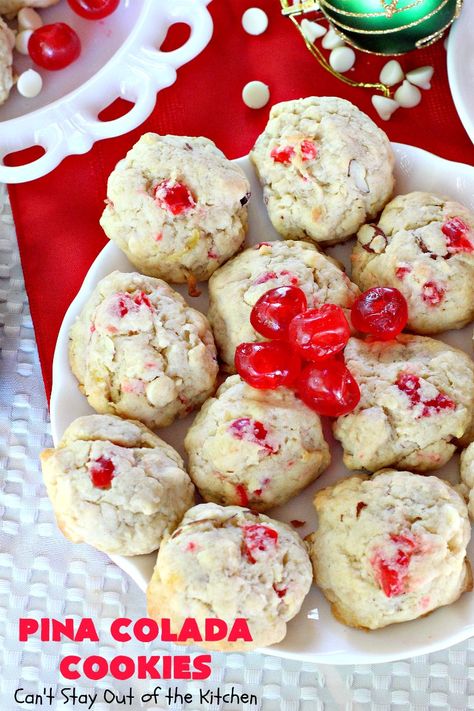 Pina Colada Cookies Pina Colada Cookies, Strawberry Pina Colada, Basic Sugar Cookie Recipe, Candied Cherries, Pina Coladas, Cherry Coconut, Coconut Candy, Lemon Squares, Cherry Baby