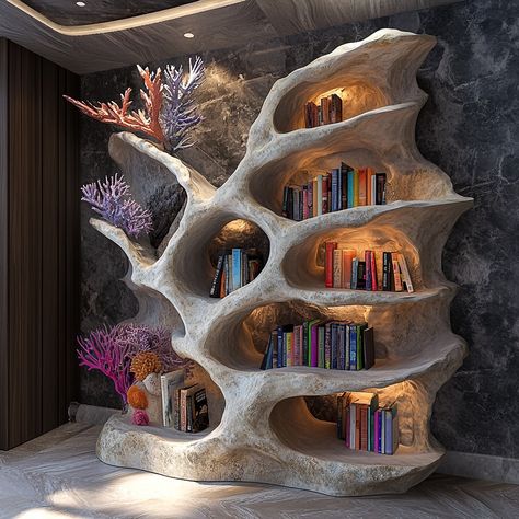 This coral-inspired bookshelf brings the beauty of the ocean into your home, with its organic, branching structure mimicking the intricate forms of underwater reefs. Crafted with flowing, asymmetrical shelves that resemble coral formations, the design creates a stunning visual centerpiece while providing ample space for books and decorative items. The natural curves and soft edges evoke a sense of tranquility and connection to the sea, making this bookshelf both functional and artistic, perfe... Nautical Bookshelf, Nature Inspired Furniture, Asymmetrical Shelves, Organic Furniture, Soft Edges, Natural Curves, Fantasy Clothing, New Room, Under The Sea