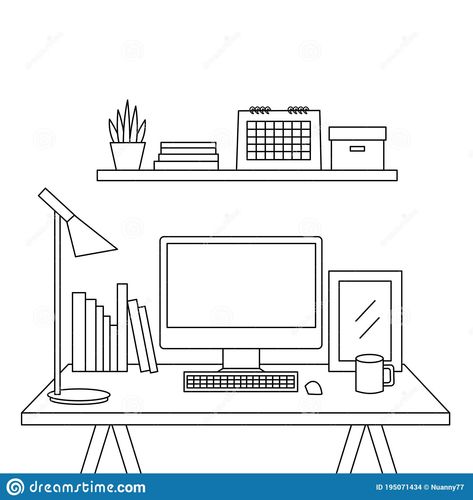 Illustration about Office desk line art drawing vector. Doodle desk with a computer and office accessories in workplace. Illustration of coloring, hand, drawing - 195071434 Office Vector Illustration, Desk Illustration Drawing, Computer Drawing Ideas, Drawing Of A Computer, How To Draw A Computer, Gaming Room Drawing, Laptop Drawing Art, Desk Drawing Sketch, Computer Art Drawing