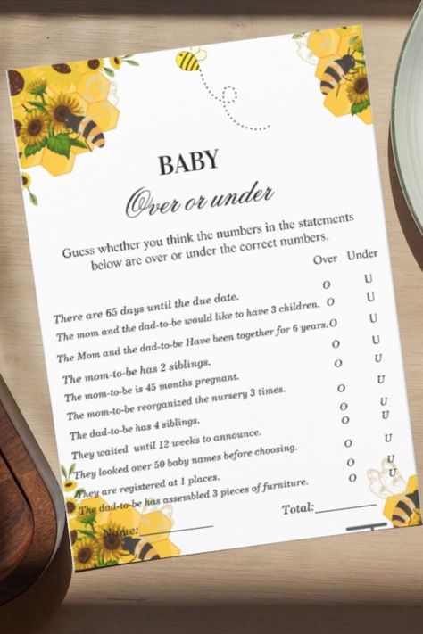 Bee themes baby shower game over or under baby shower game baby shower templates,bumble bee party. #babyshower #bumblebee #mommytobee Bumblebee Nursery Theme, Mama To Bee Baby Shower Ideas, Bee Theme Baby Shower Games, Honey Bee Baby Shower Theme, Bee Themes, Bumble Bee Party, Honey Bee Baby Shower, Bee Baby Shower Theme, Mommy To Bee