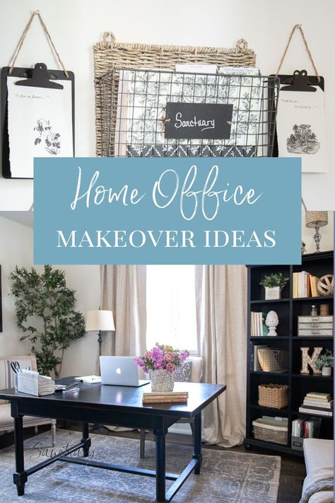 Are you looking to makeover your home office? I am shareing all of the details including before and after photos of my home office makeover. Learn how to use what you have to create an amazing office space. Also get tips and tricks for those hanging cords. Follow us for more makeover tips just like this. Home Office With Curtains, Updated Office Space, Amazing Office Spaces, How To Decorate An Office At Home, Home Office Redo Ideas, How To Design An Office, Office Curtains Home, Modern Home Office Interiors, Office Redo On A Budget