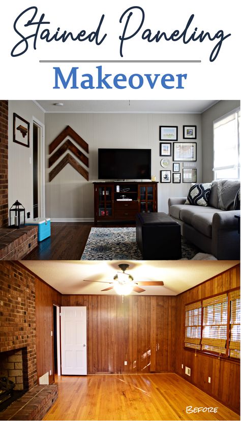 Stained Paneling Makeover - Stained Paneling DIY - Living on Saltwater Painting Wood Paneling Before And After, Painted Paneling Before And After, Paneling Makeover, Big Reveal, After Pictures, Painted Paneling, The Fireplace, Before And After Pictures, Paint Stain