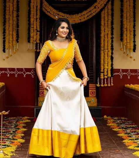 Happy Kanuma, Kanjeevaram Lehenga, Traditional Half Saree, Teja Sarees, Long Skirt Top Designs, Saree Looks, Haldi Dress, Haldi Outfits, Lehenga Saree Design