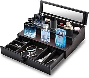 Wooden Cologne Organizer for Men, 3 Tier Cologne Stand with Mirror, Cologne Holder with Drawer and Hidden Compartment, Perfume Organizer for Men, Great Gift for Man/Father