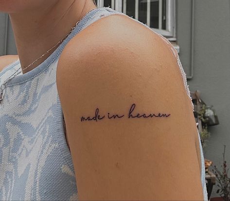 #tattoo #tattooinspo #tattooideas #madeinheaven #tattoosforwomen #tattoodesign Made In Heaven Tattoo Women, Made In Heaven Neck Tattoo, Made By Heaven Tattoo, Made In Heaven Tattoo Font, Heaven Made Tattoo, Heavenly Tattoo For Women, Heaven Tattoos Small, Heaven Sent Tattoo, Heavenly Tattoo