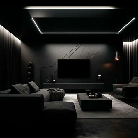 Black Modern Interior Design, Black House Inside, Black Home Interior Design, Dark Room Ideas, Black Modern Interior, Black Home Interior, Black Luxury House, Dark Minimalist Bedroom, Dark Bedroom Aesthetic