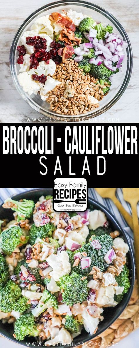 Easy + DELICIOUS Broccoli Cauliflower Salad · this recipe is simple and perfect for pot lucks, bbq's and great served with burgers, grilled meats and other all american meals. As a bonus, it is gluten free and has modifications for paleo, whole30, and low carb variations. #salad #whole30 #paleo #lowcarb Brocoli And Cauliflower Salad, Brocolli Cauliflower Salad, Broccoli Cauliflower Salad, Broccoli Salad Recipe, Broccoli Cauliflower, Bacon Salad, Eat Veggies, Grape Salad, Cauliflower Salad