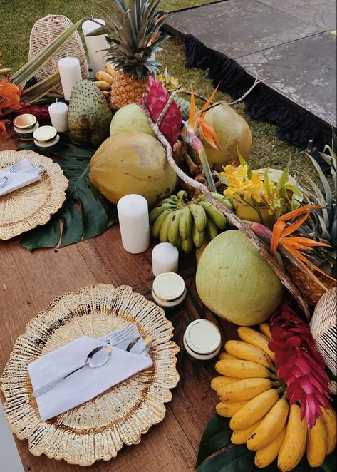 Table Decoration With Fruits, Banana Wedding Decor, Banana Leaf Table Decor, Tropical Table Scape, Fruit Centerpieces Wedding, Fruit Table Decor, Filipiniana Wedding Theme, Tropical Table, Fruit Centerpieces