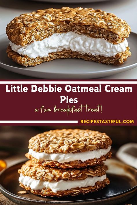 These homemade oatmeal cream pies are a nostalgic treat that taste just like the classic Little Debbie version! Soft, chewy oatmeal cookies filled with a sweet, creamy filling make the perfect snack or dessert. Easy to make, these homemade cream pies are perfect for lunchboxes, parties, or satisfying your sweet tooth any time of day! Little Debbie Oatmeal Cream Pies, Soft Chewy Oatmeal Cookies, Homemade Oatmeal Cream Pies, Oatmeal Pie, Quick Oatmeal, Chewy Oatmeal Cookies, Debbie Snacks, Oatmeal Cream Pies, Homemade Oatmeal