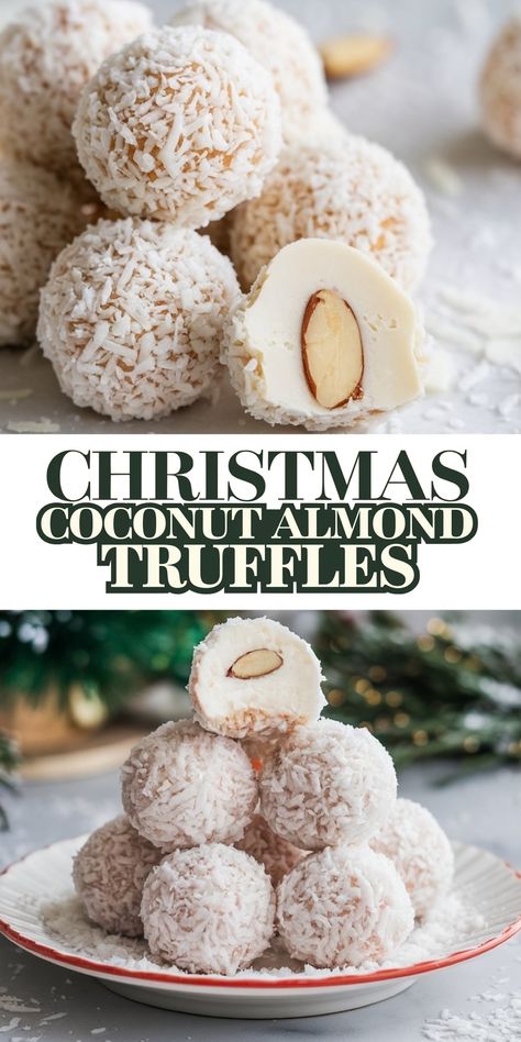 Easy Snowy Coconut Almond Truffles: No Bake - Emma's Cake Studio Easy Christmas Truffles No Bake, Coconut Christmas Treats, Easy Truffles No Bake, Coconut Christmas Cookies, Truffles No Bake, Almond Truffles, Coconut Treats, Christmas Coconut, Holiday Truffles