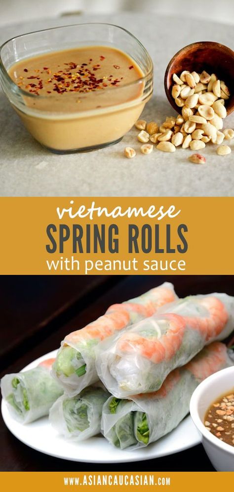 These healthy Vietnamese Spring Rolls with Spicy Peanut Sauce are the perfect quick and easy appetizer. Stuffed with shrimp, rice vermicelli, carrots, and basil leaves, then wrapped in rice paper, these healthy spring rolls are simple but impressive. And the peanut sauce is simply irresistible! #seafood #appetizers Spring Rolls With Shrimp, Side Appetizers, Spring Roll Peanut Sauce, Healthy Spring Rolls, Spring Roll Sauce, Recipes Vietnamese, Peanut Dipping Sauce, Shrimp Rice, Shrimp Spring Rolls