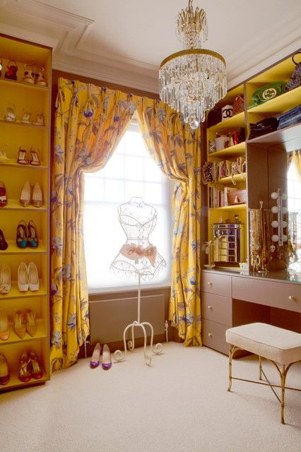 Spare Bedroom Dressing Room Ideas, Spare Room Walk In Closet, Purple Cabinets, Mirrored Wardrobe Doors, Beauty Rooms, Yellow Drapes, Dressing Room Closet, Home London, Room Vanity