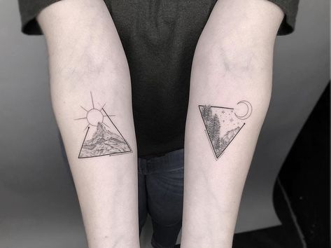 Jay K 제이 on Instagram: “Her two fav places 🏔 ☀️ 🌲 🌙... Thank you, Miriam! Done at @inktastic_tattoo #matterhorn #blackforest” Matterhorn Tattoo, K Tattoo, Get A Tattoo, Women Trends, Beautiful Tattoos, Tattoo On, Small Tattoos, Triangle Tattoo, Geometric Tattoo