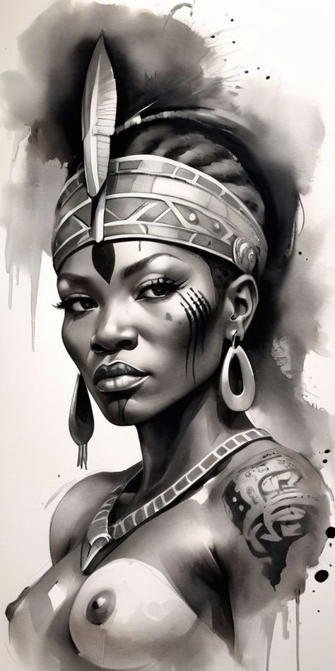 Woman Warrior Tattoo Design, Nude Tattoo Ideas, Unique Sketch Ideas, African Inspired Tattoos, Afro Samurai Tattoo, Woman Warrior Tattoo, Female Artwork Art, Warrior Women Art, African Tattoo Ideas