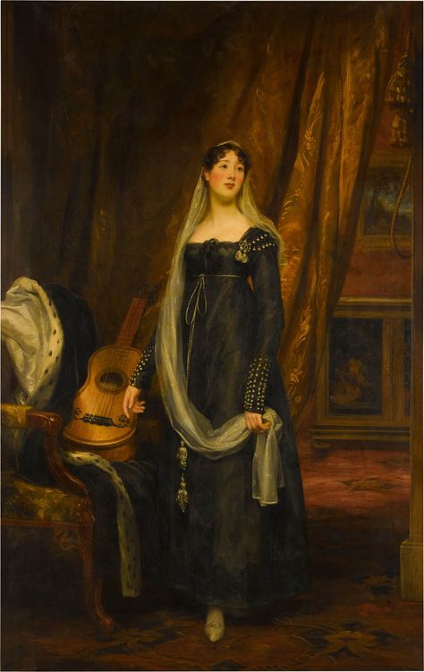 Portrait of Elizabeth Cochrane-Johnstone (1784–1883), aged 17, wearing a Spanish dress, a guitar by her side | Old Master Paintings and Portrait Miniatures2021 | Sotheby's Regency Black Dress, Regency Era Paintings, 1808 Fashion, Regency Outfits, Regency Paintings, Regency Era Dress, Regency Portraits, 1820s Fashion, Black Gowns