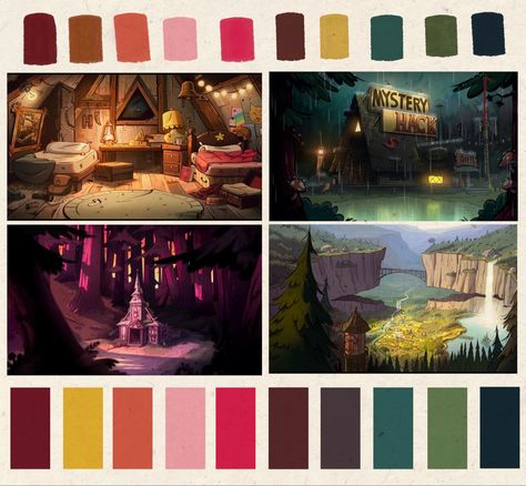 Concept Art Color Palette, Environment Colour Palette, Colour Palette For Illustration, Illustrations Color Palette, Colour Script Animation, Gravity Falls Landscape, Fantasy Color Palette Concept Art, Color Script Animation, Environment Color Palette