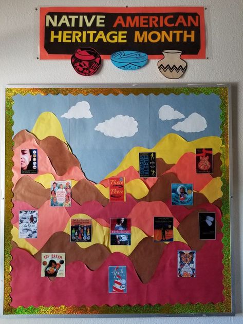 Reading suggestions for Native American Heritage Month. Middle School Library Bulletin Boards, Bulletin Board Preschool, Middle School Library, History Bulletin Boards, School Library Bulletin Boards, November Bulletin Boards, Classroom Prep, Leadership Classes, American Library