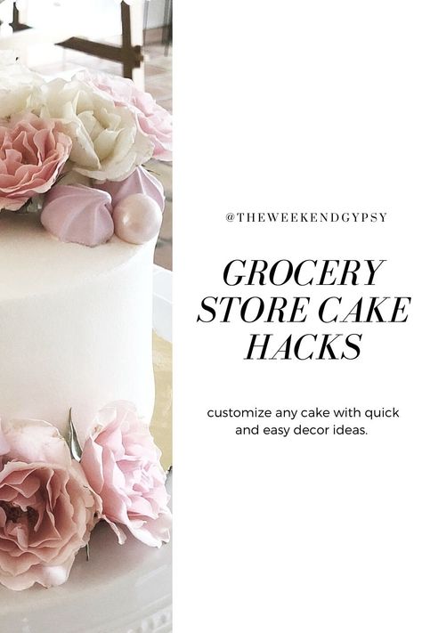 Cute ideas for decorating a plain grocery store cake. Perfect way to customize a cake for birthdays, engagements, holidays, and any occasion. All the fun of cake decorating without any of the baking! via @theweekendgypsy Redecorated Store Bought Cake, Store Bought Cake Decorating Hacks, Store Bought Cake Hacks, Redecorating Store Bought Cakes, Redo Store Bought Cake, Grocery Store Cake Hack, Walmart Cake Makeover, Diy Store Bought Cake Makeover, Transform Store Bought Cake