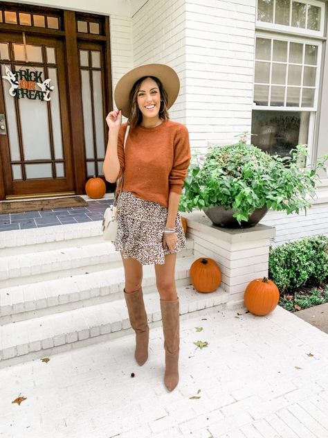 #fallfashion #fallstyle #falloutfit #falltrends #outfitinspo #outfitgoals ##pumpkin #fallphotoshoot #leoparddress #leopard #animalprint #kneehighboots #orangesweater #nudeboots #nudehat #guccibag #rustsweater Sweater And Mini Skirt Outfit, Leopard Mini Skirt Outfit, Mini Skirt Outfit Fall, Leopard Mini Skirt, Skirt And Sweater, Skirt Outfit Fall, Rust Sweater, Mini Skirt Outfit, Nude Boots