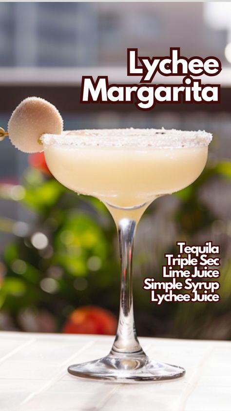 The Lychee Margarita is like a tropical vacation in a glass. When you take a sip, the first thing you’ll notice is the sweet and floral taste of lychee, followed by the tangy kick of lime juice. #lycheemargarita via @mybartender Lychee Margarita Recipe, Margarita Flavors, Lychee Cocktail, Cocktail Cards, Flavored Margaritas, Tropical Cocktails, Lychee Fruit, Creative Cocktails, Tequila Margarita