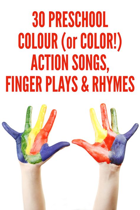 30 fun color rhymes, finger plays and action songs. Includes all of the words and actions. Fun for toddlers, preschool and kindergarten. Color Songs For Toddlers, Color Songs Preschool, Preschool Color Theme, Preschool Fingerplays, Early Preschool, Kindergarten Songs, Classroom Songs, Songs For Toddlers, Preschool Circle Time