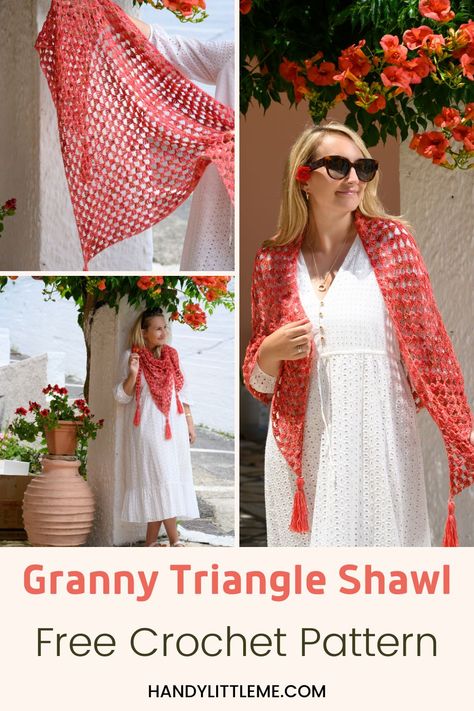 Crochet Granny Triangle Shawl Pattern. Make a light crochet shawl using only US treble crochet with this easy beginner pattern. This open-work shawl is perfect for summer days thrown over your outfit. #grannytriangle #crochetgrannytriangle #crochet #crochetshawl #crochettriangleshawl Granny Triangle Shawl, Crochet Granny Triangle, Crochet Triangle Pattern, Granny Triangle, Triangle Shawl Pattern, Prayer Shawl Crochet Pattern, Crochet Shawl Tutorial, Crochet Shawl Wrap, Crochet Triangle Shawl Pattern