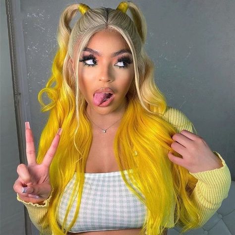 22” 🍋 BLONDE & YELLOW 2 TONE BODY WAVY CURLY Lace Front Wig *NEW* 💖 ✖️New and never worn ✖️Human Synthetic Blend Wig ✖️Hair Length: Aprox 22” ✖️Density 150% -180% ✖️Hair Color: Blonde & yellow ✖️Cap Size: Medium Cap Size 22.5Inch Circumference ✖️Comes with adjustable strap and 3 combs ✖️Heat safe Yellow Wig, Blonde Yellow, Lux Hair, Yellow Hair Color, Hair Colorful, My First Wig, Straight Lace Front Wig, Hair Blond, Hair Tape