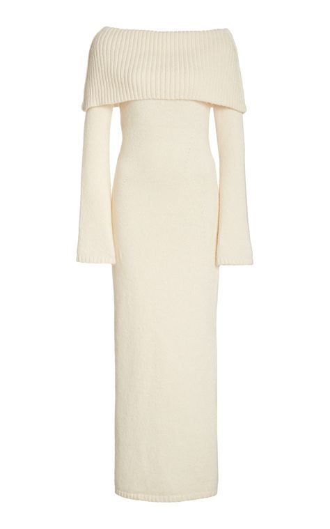 The perfect piece for transitioning through the seasons, Cult Gaia's 'Mariel' dress is ribbed-knit with sumptuous mohair and merino wool. Cut for a slim fit, the midi has a striking off-the-shoulder silhouette and fluted long sleeves. Complement yours with snake-effect leather knee boots. Winter White Outfit, Leather Knee Boots, Halter Midi Dress, Cult Gaia, Mode Hijab, Knit Midi, Knit Midi Dress, White Outfits, Mode Style