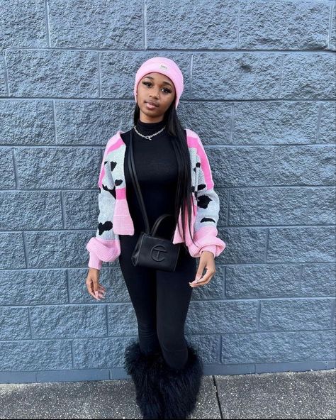 Pink Sweater Outfit Black Women, Black Girls Outfit Ideas Winter, Fur Boots Outfit Winter, Fur Headband Outfit Winter, Dallas Outfits Winter, Winter Birthday Outfit Ideas For Women Baddie, Winter Shein Outfit Ideas, Dope Swag Outfits Winter, Shein Winter Outfits 2024