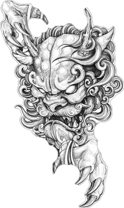 Japanese Foo Dog, Foo Dog Tattoo Design, Samurai Tattoo Sleeve, Foo Dog Tattoo, Neo Tattoo, Japan Tattoo Design, Fu Dog, Biomechanical Tattoo, Lion Tattoo Design