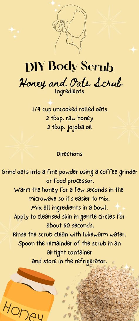 DIY Scrub | Very Easy | Honey and Oats Scrub Oat Scrub Diy, Oat Body Scrub, Spiritual Body Scrub, Oats Body Scrub Diy, Oatmeal Scrub Diy, Scrub Business, Jojoba Oil Skin, Salt Scrub Diy, Body Wash Recipe