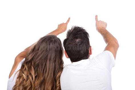 Love. Rear view of young couple sit on ground back and point somewhere, full len #Sponsored , #Affiliate, #sponsored, #view, #Love, #couple, #young Become A Photographer, View Image, Rear View, Full Length, White Background, Stock Photos, Photographer