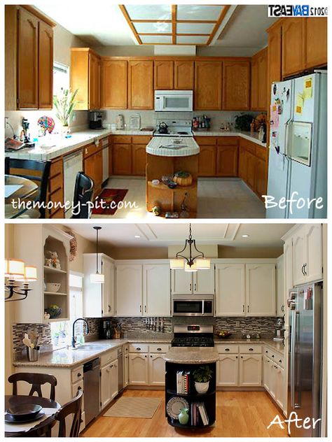 Love this kitchen re-do ... especially converting some of the cabinets to the open hutch-type shelf on the left, and the replacement of the light fixture - granite is nice as well, and the white DOES give a clean look (though I actually like wood cabinet faces) posted by The Money Pit: Kitchen Reveal: 80's to AWESOME! Manchester Tan, Cheap Kitchen Remodel, Casa Country, Oak Kitchen, Kitchen Redo, Painting Kitchen Cabinets, Kitchen Remodel Idea, Updated Kitchen, Kitchen Makeover