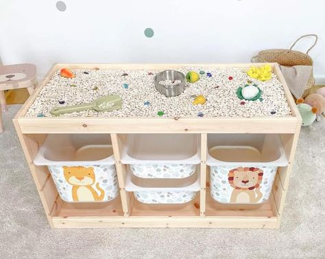 Sensory Play | I’m sure this has been said a million times already but all trofast units can be flipped upside down, as can the rails underneath | Facebook Ikea Kids Table, Ikea Flisat Table, Trofast Ikea, Ikea Antilop, Ikea Duktig, Ikea Trofast, Baby Sensory Play, Ikea Kids, Sensory Boxes