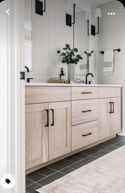 Wood Vanity Bathroom Gold Hardware, Wood Vanity White Countertop, Bathroom Wood Cabinets White Counter, Pickled Oak Bathroom Vanity, Bathroom Floors With Wood Vanity, Light Wood Cabinet Bathroom, Double Wooden Bathroom Vanity, White Oak Vanity Black Hardware, White Oak Cabinets In Bathroom