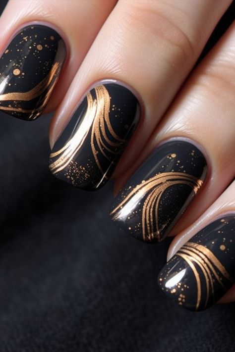 Edgy Elegance: Try Stunning Black and Rose Gold Nails Black And Gold Acrylic Nails Short, Black And Gold Gel Nails Short, Black Gold Ombre Nails, Black And Rose Gold Nail Designs, Short Black And Gold Nails, Rose Gold And Black Nails, Black And Rose Gold Nails, Gold Stiletto Nails, Dance Nails