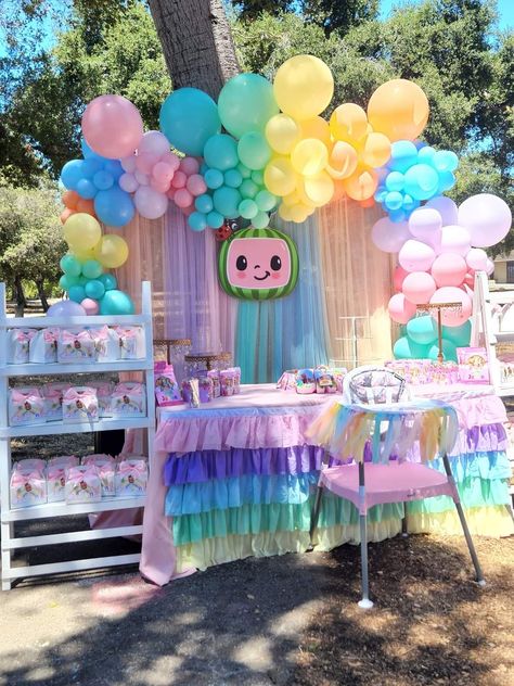 Cocomelon Party Ideas Pastel, Girly Cocomelon Birthday Party, Cocmelon Birthday Girl, Coco Melon Decoration Ideas, Coco Melon Girl Party, Coco Melon 2nd Birthday, Coco Melon 2nd Birthday Party Girl, Cocomelon Girl Birthday Party, Cocomelon Pastel Theme