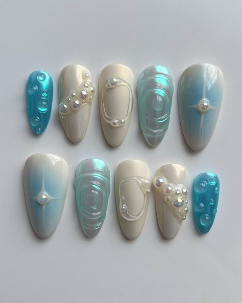 water fountain ⛲️ #nailart #nailartist #pressons #pressonnails #custom #dmv | Instagram Hawaii Nails Simple, Nail Inspo Hawaii, Koi Pond Nails, Mercury Nails, Water Droplet Nails, Japanese Inspired Nails, Builder Gel Nails Design, Jellyfish Nails, Friend Nails