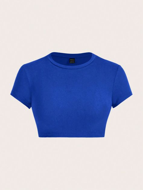 SHEIN ICON Summer Women's Short Sleeve Tight-Fitting Short T-Shirt With Casual And Versatile Round NeckI discovered amazing products on SHEIN.com, come check them out! Very Short Crop Tops, Tops Azul, Royal Blue Crop Top, Ballet Shirts, Strapless Shirt, Dark Blue Shirt, Hoodie Drawing, T Shirt Png, T Shorts