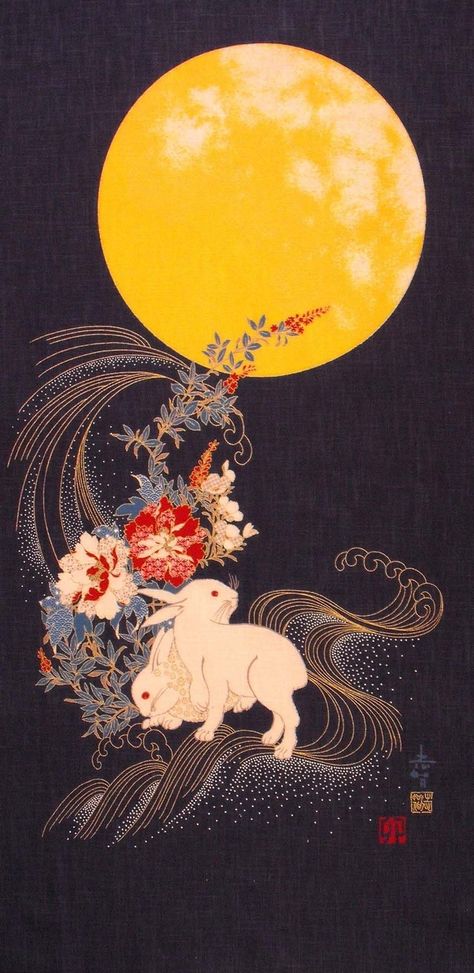 In Japanese folklure, the rabbit (usagi) resides on the moon pounding rice for omchi (rice cake). Dark Japanese Art, Japanese Rabbit Tattoo, Year Of The Rabbit Art, Rabbit Art Illustration, Orientalism Art, Folklore Illustration, Rabbit On The Moon, Japanese Rabbit, Asian Illustration