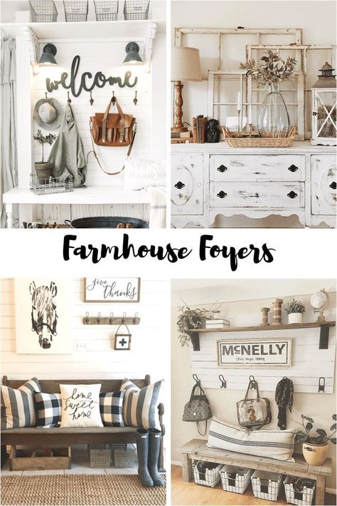 How to decorate a farmhouse foyer on a budget. Deciding whether to use a bench or a table in your decor and how to decorate each. Farmhouse Foyer, Diy Farmhouse Decoration, Farmhouse Decor On A Budget, Interior Design Minimalist, Entry Ideas, Farmhouse Remodel, Foyer Decor, Foyer Decorating, Farmhouse Decoration