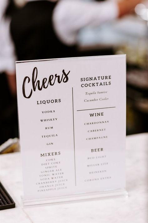 Vodka Drinks Wedding, Wedding Open Bar Checklist, Drink List For Wedding, Drinks At Wedding Reception, Open Bar Menu Wedding, Custom Wedding Drinks, Wedding Drink List, Custom Wedding Cocktails, Cocktail Menu Wedding Bar Ideas