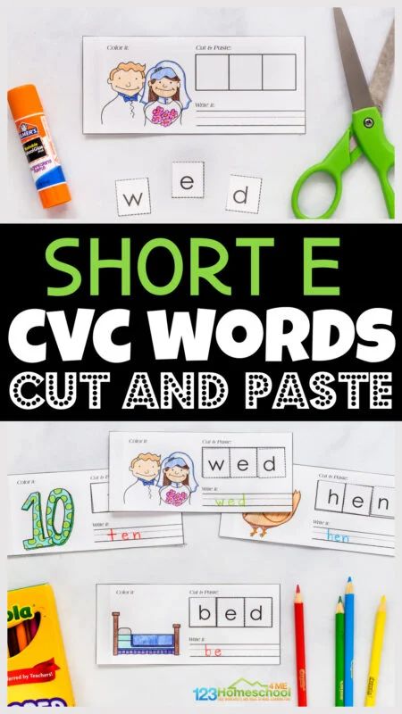 Help kids practice short e cvc words as students make a free printable cvc short e words. with short e vowels with this free printable cvc words booklet pdf that allows preschool, kindergarten, and 1st grade kids to practice sounding out and spelling 17 CVC words color, cut and paste, and writing. Simply print cvc words books pdf file with short e words and you are ready to improve reading and spelling skills! Phonics Step By Step, Consonant Blends Games, Cvc Worksheets Free, How To Teach Phonics, Free Phonics Activities, Rhyming Words Worksheets, Short I Words, Short E Words, Blends Activities