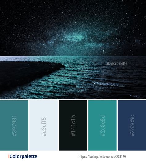 Color Palette ideas from 3368 Nature Images | iColorpalette Night Forest Color Palette, Stormy Sea Color Palette, Dark Sea Color Palette, Aurora Borealis Color Palette, Healing Color Palette, Dark Blue Color Combinations, Hex Color Palette, Nature Color Palette, Color Schemes Colour Palettes