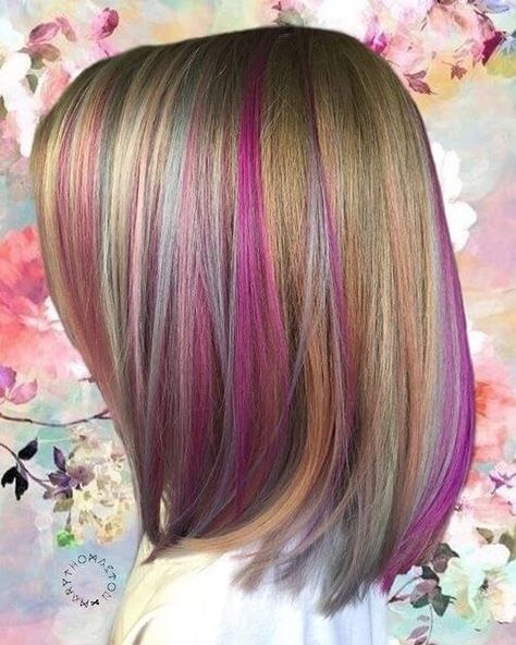 medium length rainbow hair Rainbow Hair Ideas, Rainbow Hair Color Ideas, Hidden Rainbow Hair, Kids Hair Color, Hidden Hair Color, Blonde Dye, Girl Hair Colors, Hair Color Underneath, Rainbow Hair Color